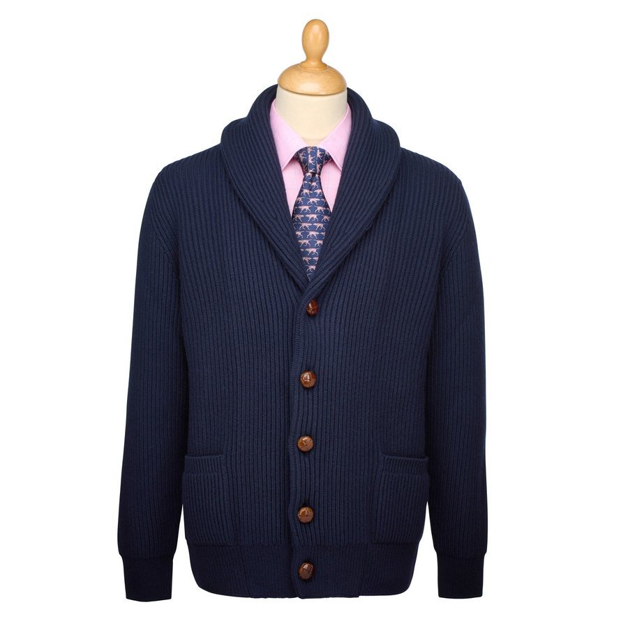 Navy shawl-collar cardigan retailer image