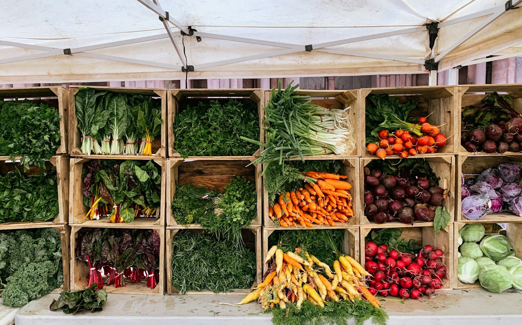 Seasonal vegetables displayed in wooden market crates