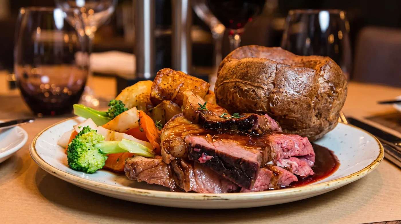 Roast beef, Yorkshire pudding and vegetables for a traditional Sunday lunch
