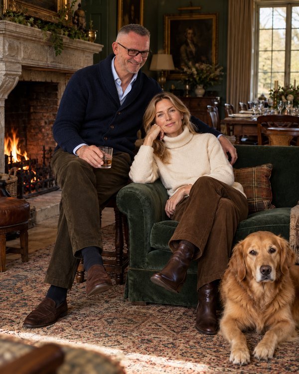 Country-house style illustration: navy and cream knitwear with brown trousers beside a fireplace