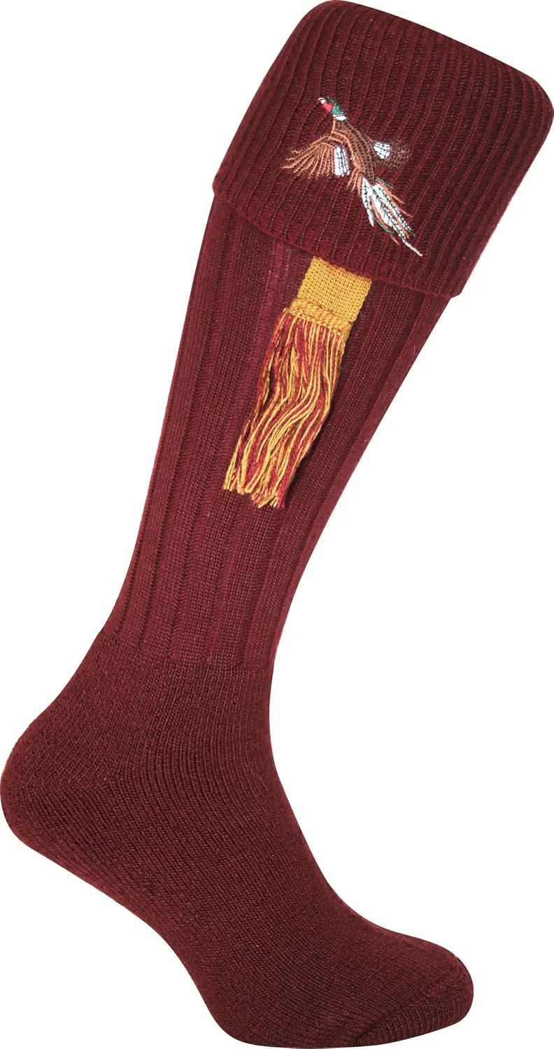 Jack Pyke Pheasant embroidered shooting socks in burgundy