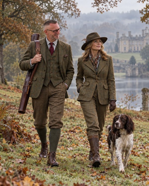 Gentleman and lady in tweed sporting attire on an autumn estate