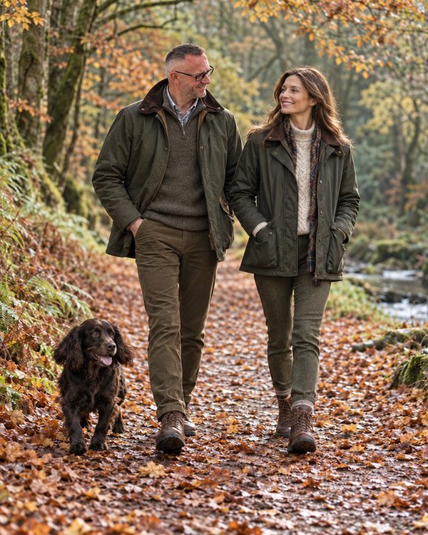 Gentleman and lady in country walking attire on an autumn woodland path