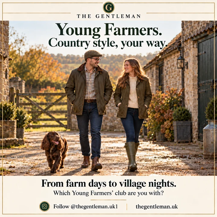 The Gentleman Young Farmers country style: young adults in wax jackets and a tweed flat cap with a chocolate spaniel in an autumn farm courtyard